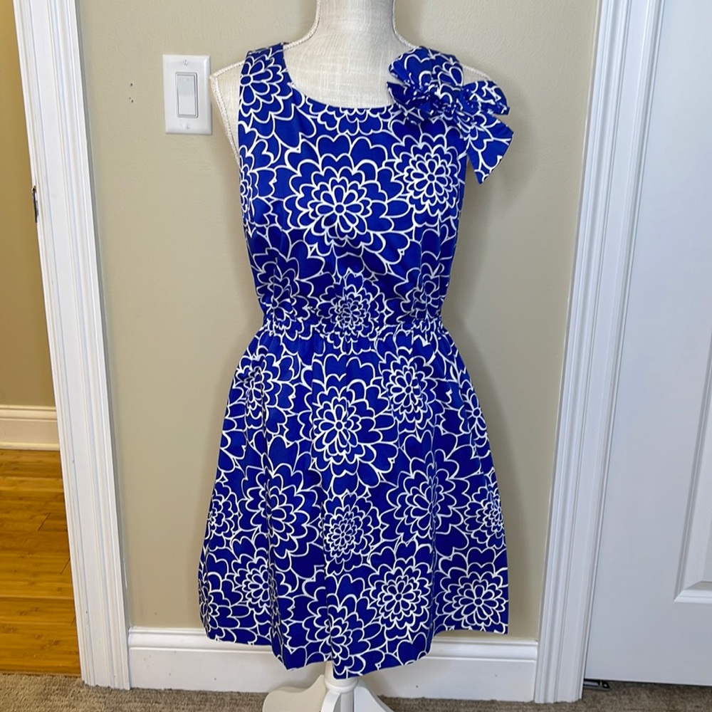 Belk cerulean blue and white a-line dress with bow